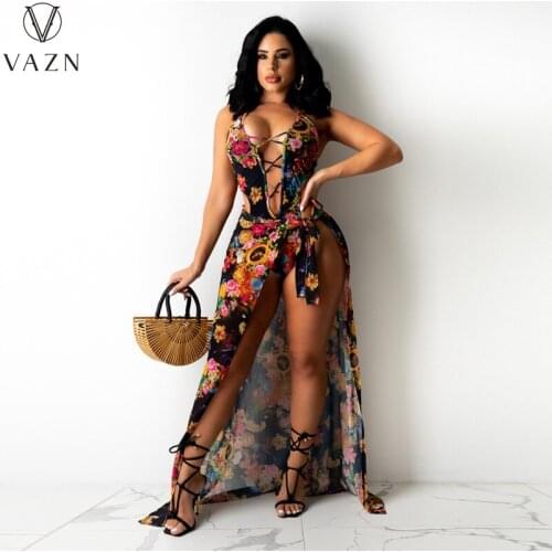 VAZN 2021 V-neck Elegant Lady Floral Print 2 Piece Set Boho Beach Summer Women Sleeveless Top And Mini Pleated Skirt Suits