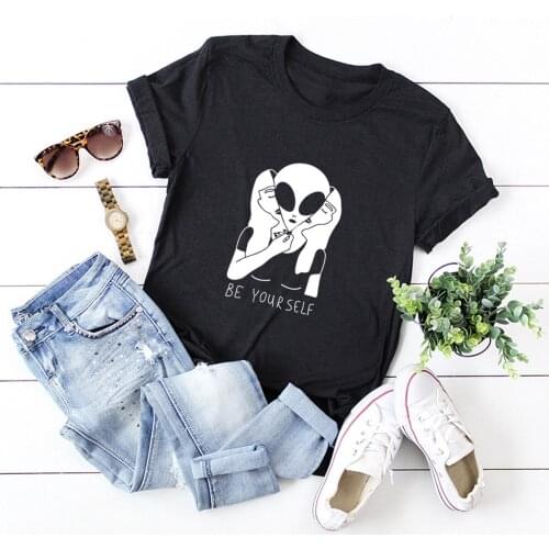 Aliens disguised as women TShirts Letters BE YOURSELF Summer Print T Shirt Oversized Cotton Tshirt Fashion Female Graphic Tops