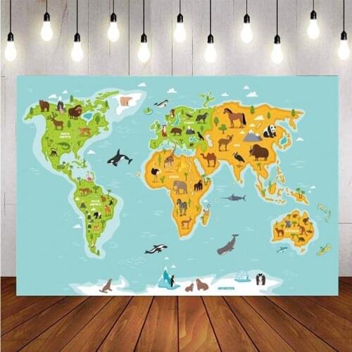 World Map Backdrop Jungle Animal Safari Baby Shower Kids Happy Birthday Party Photography Background Photo Studio Decor Banner