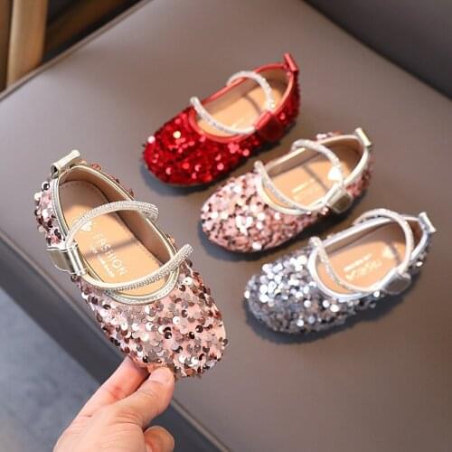 Girls Sequins Leather Shoes Kids Party Children Single Shoes 2021 Spring Autumn New Glitter Princess Performance Flat Shoes G141