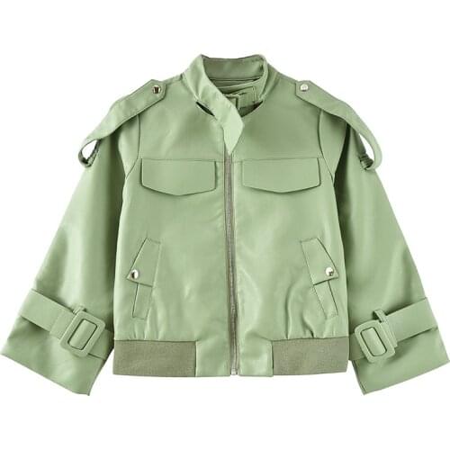 Green White Short Faux Leather Jacket Women Streetwear Motorcycle Biker Jacket Spring Stand collar Long-sleeve Casual Outerwear