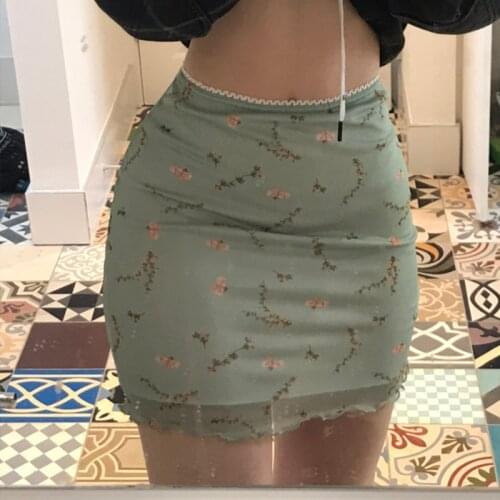 SUCHCUTE Y2K Aesthetic Flower Print Mini Skirts For Women Cute Kawaii Clothes Summer Low Waist Sexy Slim Outfits Mesh Skirts