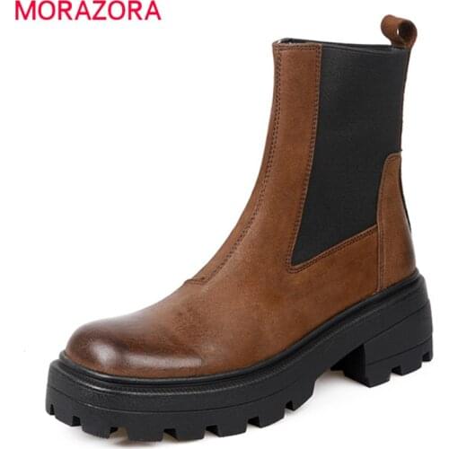 MORAZORA Genuine leather boots fashion slip-on simple ladies shoes square toe high heels ankle boots for woman autumn winter