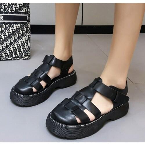 Rimocy New New Womens PU Leather Summer Sandals Vogue Hollow Out Beach Shoes Woman Comfortable Flat Platform Rome Sandalias