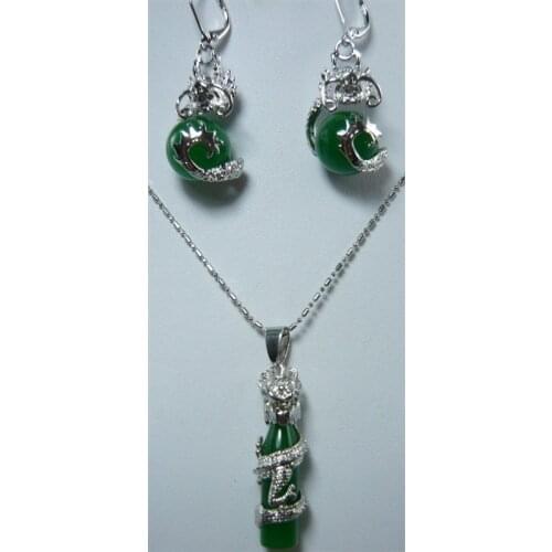 Wholesale fancy design silver plated dragon inlay green Natural Stone earrings pendant jewelry set