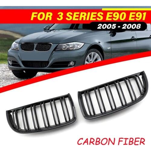 Front Bumper Kidney Grille Dual Line Mesh Grille for-BMW 3 Series E90 318I 320I 323I 325I 2005-2008, Carbon Fiber