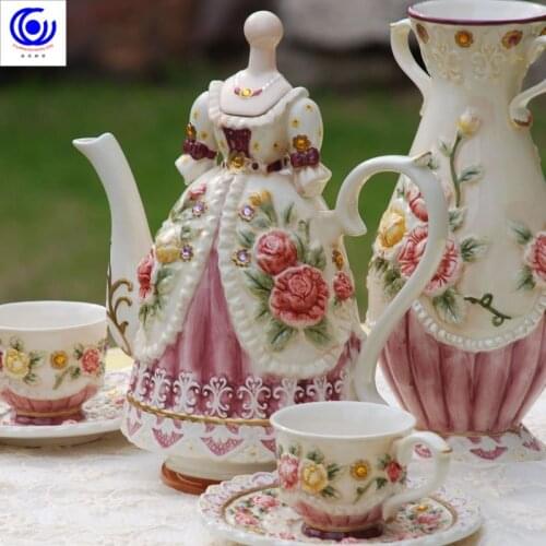 Rose European ceramic coffee cup and dish set coffee pot afternoon Camellia teapot teacup creative wedding gift