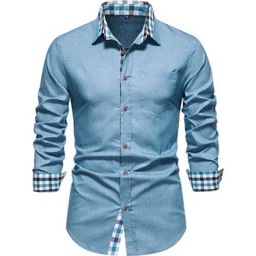 Mens Long Sleeve Denim Shirts Hipster Casual Business Work Social Shirt Men Slim Fit Button Up Shirt Male Clothing Chemise Homme