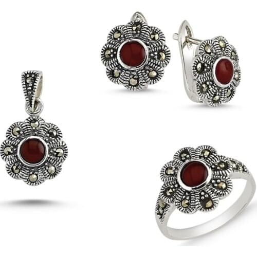 Silver 925 Sterling Marcasite Pendant Earring & Ring Set