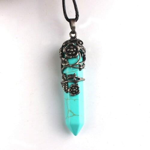 Trendy-beads Attractive Design Copper Leaf Flower Hexagon Prism Pendant Green Turquoises Stone Jewelry