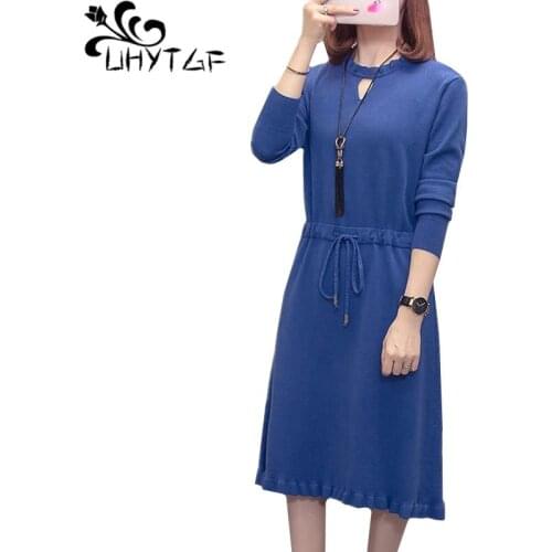 UHYTGF Knitted autumn dress Womens Korean Loose 4XL Plus Size Sweater Dresses Long Sleeve pullover Elegant Female long Dress 687