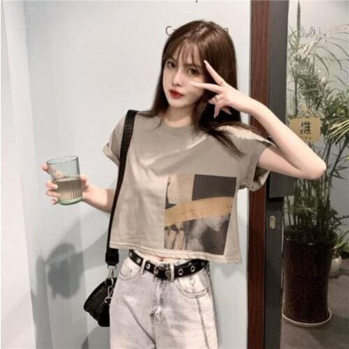 European American Style Women T shirt Short Length Short Sleeve Round Neck Women Tops Tees Slim Fit T shirts Women