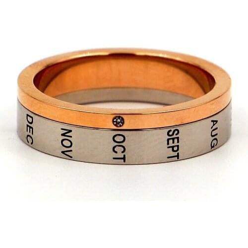 Fashion Stainless Steel 12 months Letter Crystal Calendar Rotating Lover Rings Women Rose Gold Color Party Wedding Gift