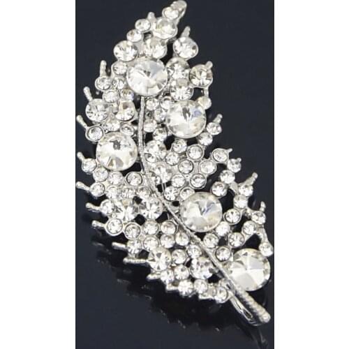 Utei Jewelry Vintage Rhodium Color Alloy Sparkling Clear Crystal Beautiful Leaf Brooch Luxury Feather Broach Pin For Women