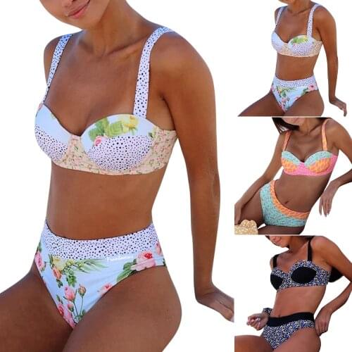 Women Floral Print Patchwork Swimwear Ladies High Waist Bikini Brief Set Female Beach Summer Bathing Two-Piece Suits