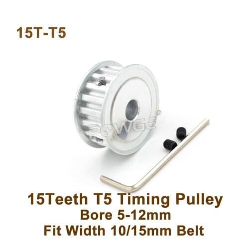 POWGE 15 Teeth T5 Timing Pulley Bore 5-12mm Fit W=10/15mm T5 Synchronous Belt 15T 15Teeth T5 Timing Belt Pulley 15-T5