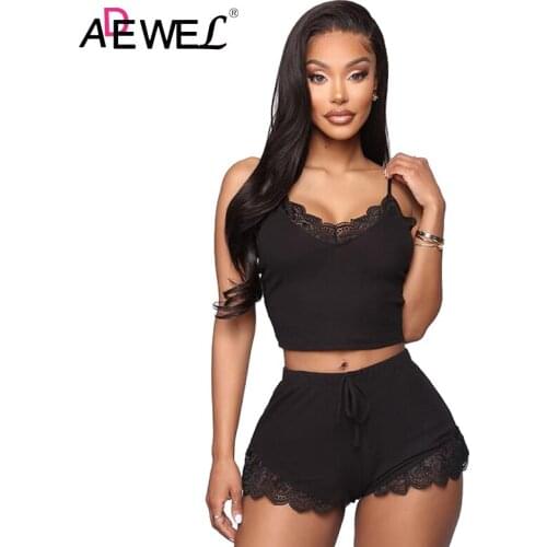ADEWEL Sexy Plus Size Lace Push Up Shoulder Strap Sleep Tops Pyjama Pour Femme High Waist Pajamas Two Piece Pizama Damska 3XL
