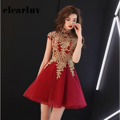 Burgundy A-Line Elegant Prom Dresses DR334 Above Knee Mini Party Dress For Girls High Collar Short Sleeve Vestidos De Festa 2020