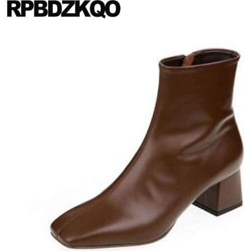 Booties Genuine Leather Fall Ankle Autumn Suede Block Vintage Short Female Women Chunky Brown Square Toe Side Zip Boots Shoes