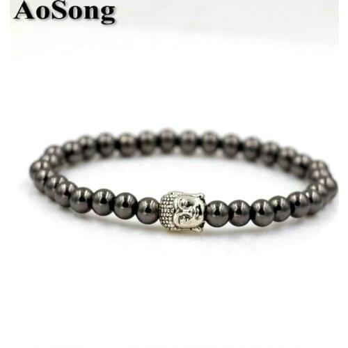 BPPCCR Natural 6mm Iron gallstone stone with Buddha Head Chakra Yoga Bracelet for Men women Lovers Energy Strand pulseras