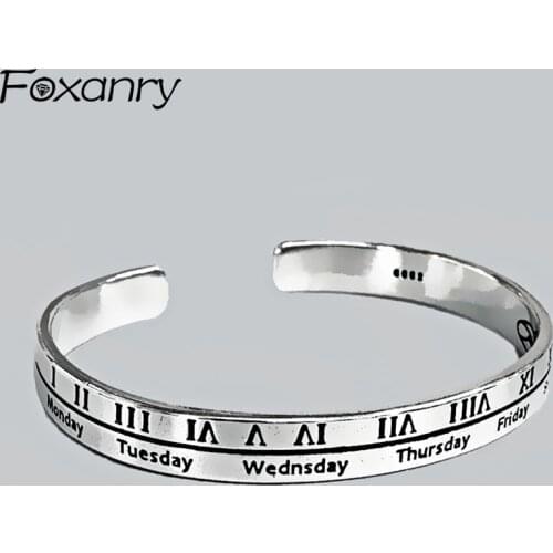 Foxanry 925 Sterling Silver Charms Cuff Bracelets for Women Couples Vintage Terndy Roman Numerals Birthday Party Jewelry Gifts
