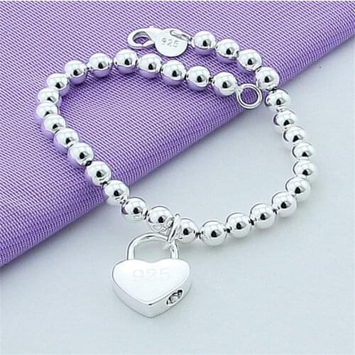925 Sterling Silver Heart Lock 6mm Beads Chain Bracelets Jewelry Women Lovers Bracelets Christmas Gift