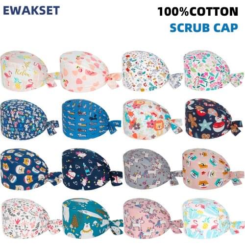 Flowers Scrubs Cap Adjustable 100% Cotton Nursing Caps Dentist Chef Dust Lab Pet Shop Beauty Salon Elastic Accessories Scrub Hat