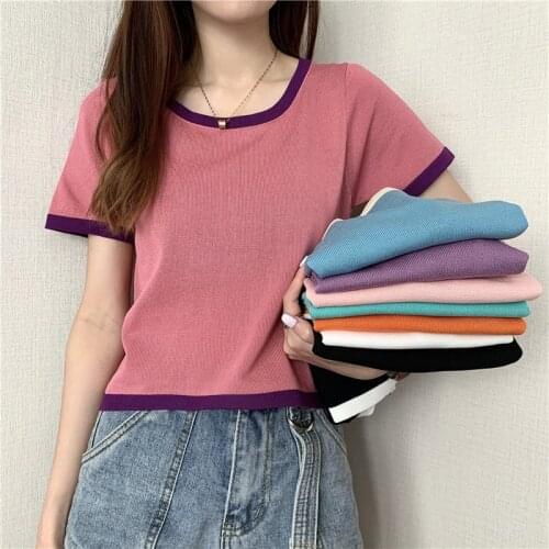 Round Collar Show Thin Tops Summer Candy Color Dew Collarbone Short Sleeve T Shirt Female Sports Casual Clothing Wholesale
