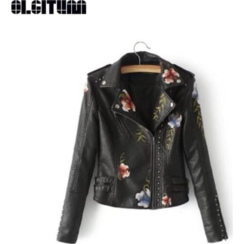 New Fashion 2020 Autumn Flower Embroidery Rivet Zipper Pu Leather Jacket Turn Down Collar Cool Outerwear Slim Coats Female