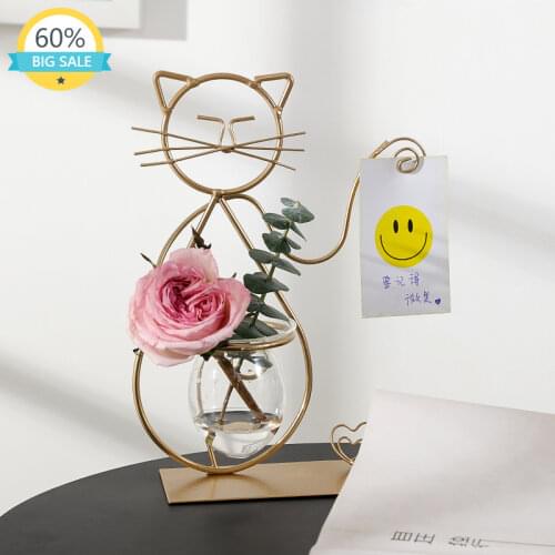 Cute Animal Table Fashion Nordic Vase Simple Hydroponics Gold Small Metal Creative Flower Stand Glass Wazony Home Decor AH50VS
