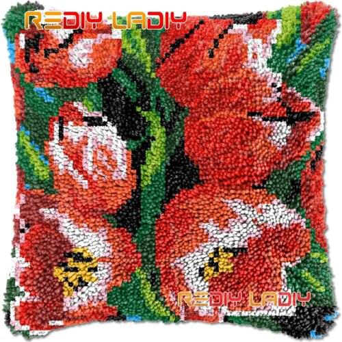 Latch Hook Cushion Red Tulips DIY Needlepoint Kits Chunky Acrylic Yarn Arts Crocheting Lofty Pillow Case Hobby & Crafts