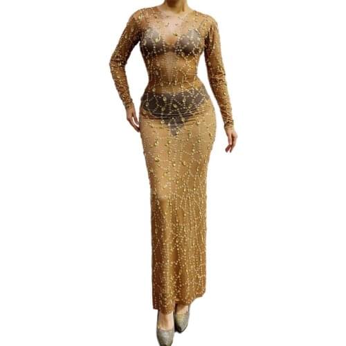 Nightclub Female Singer Rhinestone Dress Drag Queen Costumes See Through Mesh Long Sleeve Slim Festival Stage Clothing DWY5336