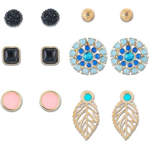 New Fashion Women Jewelry Wholesale Girls Party Earrings Boho Style Leaf Crystal Mix 6 Pairs / Set Earrings Gift Free Shipping