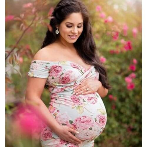 Printed pregnant women photo dress stretch collar large size pregnant women photo trailing dress Maternity dress photo shoot