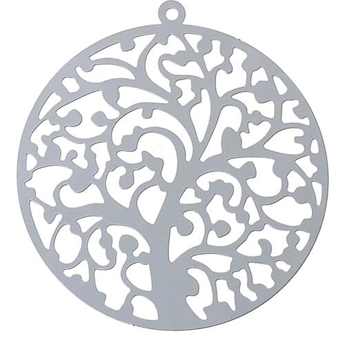 DoreenBeads Filigree Stainless Steel Charm Pendants Round silver color Tree Carved Hollow 43mm(1 6/8") x 40mm(1 5/8"),1 Piece