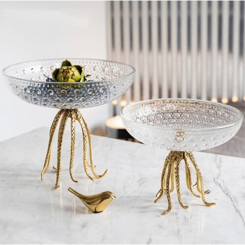 Luxury Octopus Shape Metal Statue Home Glass Fruit Plate Living Room Creative Decor Dried Fruit Plate Fruit Bowl Candy Dish