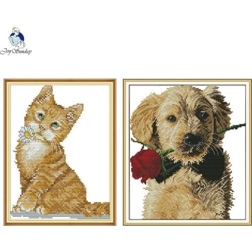Joy Sunday Needlework, DIY Handmade DMC Cross stitch, Sets For Embroidery kits,The Cat and Dog Bites the flower Cross-stitch
