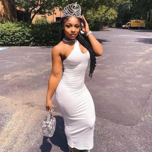 Sexy Knitted One Shoulder Dress Women Hollow out Neck Bodycon Party Dresses Summer Vacation Long Sundresses 2021 Y2k Clothes