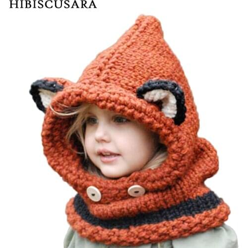 1-7 Years Animal Baby Hats With Scarf Kids Winter Warm Hats Wrap Boy Girl Fox Dinosaur Caps Autumn Children Knitted Hat Cloak