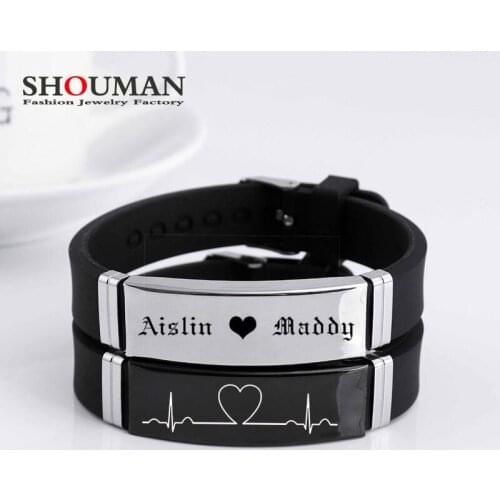 SHOUMAN Mens Womens Couples Silicone Bracelet ECG Personalized Customized Name Date Jewelry Wedding Anniversary Birthday Gift