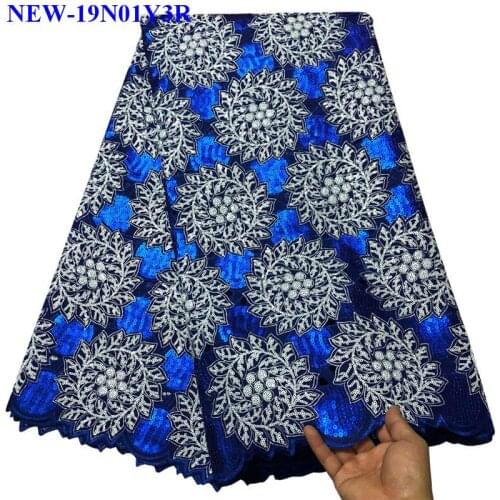 Blue Embroidery Organza Lace Fabric High Quality African french tulle lace fabrics For Party dress With sequins 5 yards BXZ02