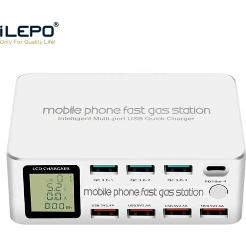 ILEPO 100W 8 Ports USB Charger Quick Charge 3.0 PD 3.0 Fast Charge Adapter LCD Multi USB Charger Station For iPhone X XS Samsung