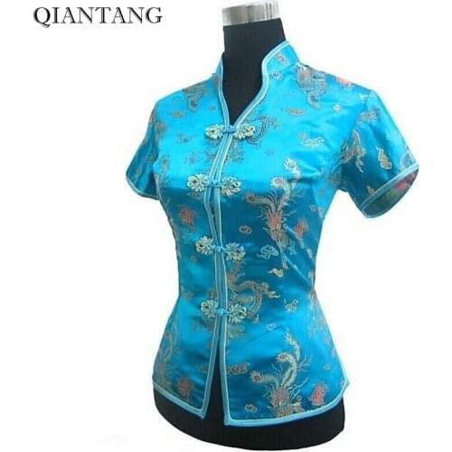 New Arrival Light Blue Female V-Neck Shirt top Chinese Classic Ladies Satin Blouse Size S M L XL XXL XXXL Mujer Camisa JY044-4