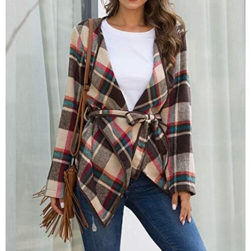 Women Wool Blend Jacket Coat Plaid Sashes Ladies Coats Irregular Turn Down Collar Long Sleeve Autumn 2021 Fashion Casual Outwear