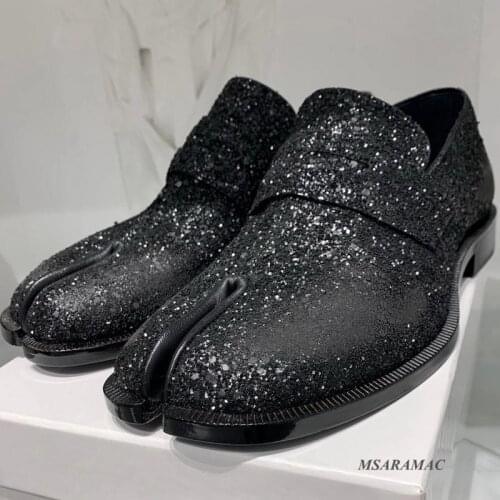 Glittery Split Toe Loafers Black Sequined Casual Shoes for Women Vintage Old-made Designer Fashion Runway Shoes Spring New Flats