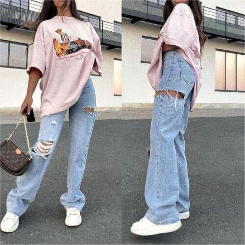 Women Clothing Y2k Sexy Casual Pants Big Holes Long Trousers Femme Jeans Ripped Frayed Loose Denim Pantalon Pour Vaqueros Mujer