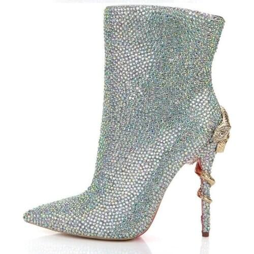 Women High Stilettos Heels Boots Rhinestones Crystal Pearls Snake Metal Decor Sequins Totem Genuine Leather DIY Shoes F40
