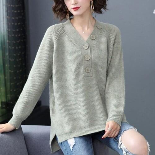 Women Sweater 2021 Autumn Winter Casual Long Sleeve Buttons V Neck Knitted Pullovers Female Jumpers Straight Knitwear For Lady