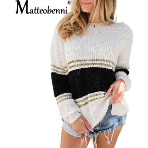 Womens Stripe Knitted Sweater Sexy O-Neck Stitching Contrast Color Long-Sleeved Top Pullover Autumn Winter Loose Female Jumper