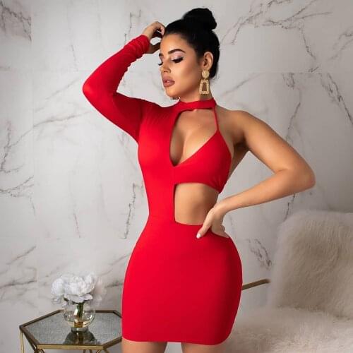 Wantmove women night club clothes One shoulder long sleeve irregular Mini Dress AM166